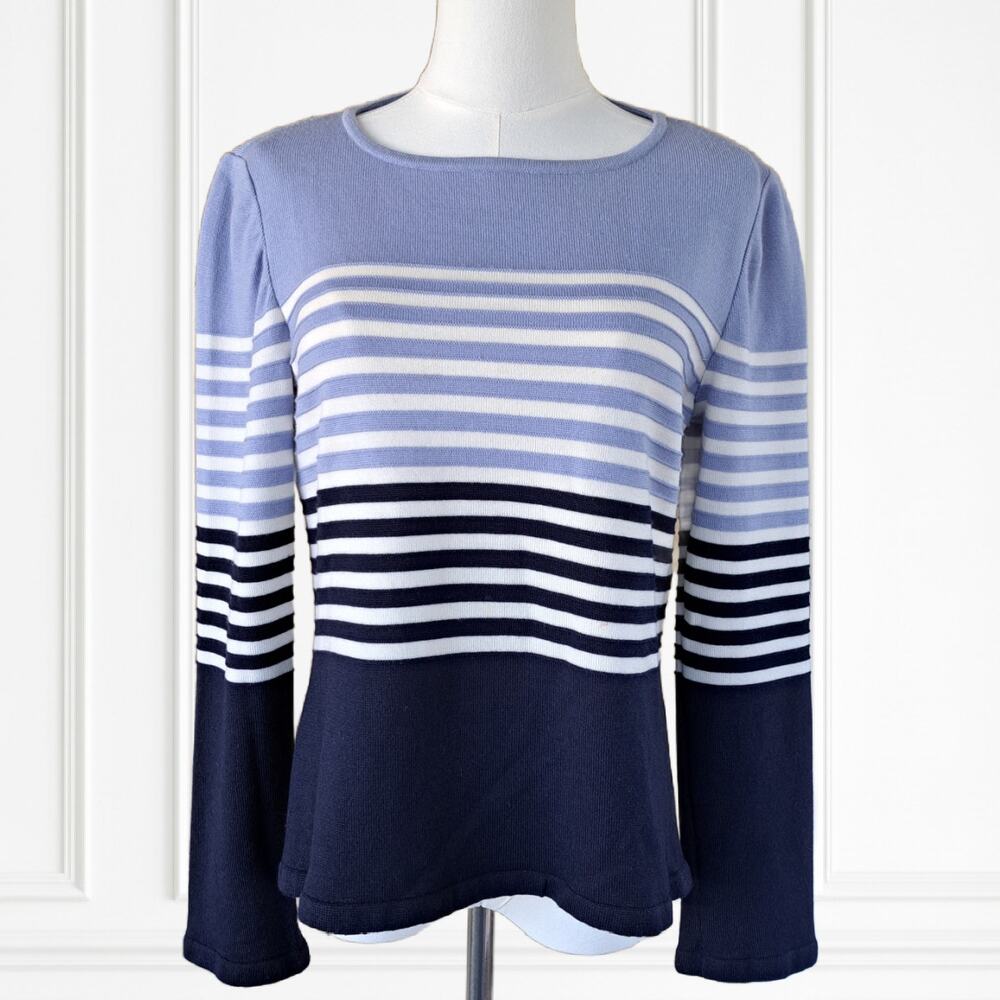 ST JOHN 100% Wool Striped Knit Sweater Small Navy Blue Quiet Luxury Classic